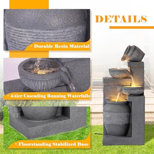 Water Fountain Outdoor, Modern Water Feature with LED Lights, 4-Tier Cascading Resin Waterfall Fountain, 32" Large Garden Fountains for Yard, Deck, Patio, Porch - Image 4