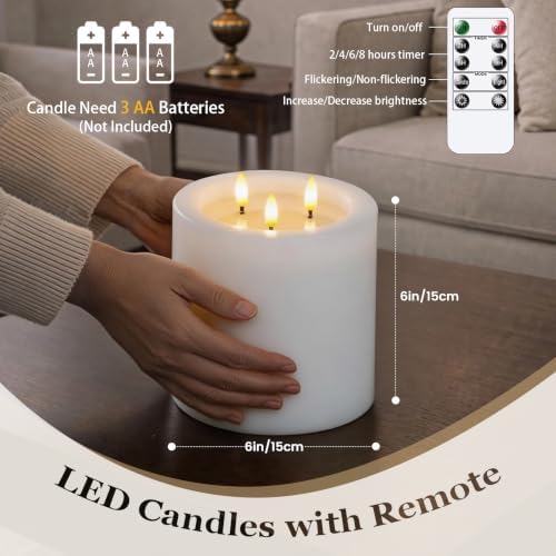 Yeelida 3-Wick 6"x6" Extra Large Real Wax Flameless Pillar Candles with Remote Control and Timer Function, Candle Grease White Battery Operated LED Flickering 3D-Wick (Long Lasting, Warm Fire) - Image 4