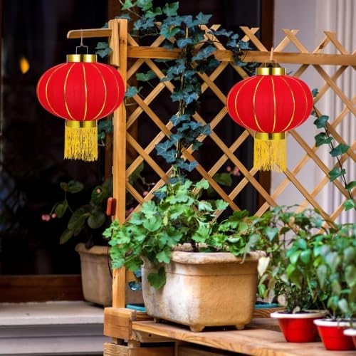 2pcs Red Flocking Cloth Traditional Lanterns with Tassel for Xmas Holiday - Image 5