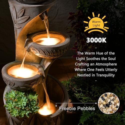 35.6" Solar Outdoor Water Fountain - Relief Leaf Design 4 Tiers Fountains - Image 5