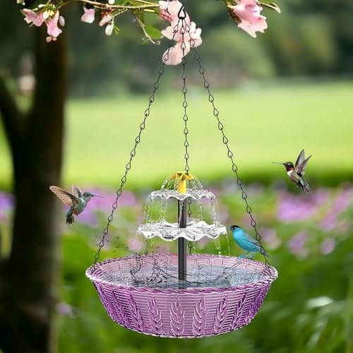 Solar Hanging Bird Bath Fountain, Solar Powered Cascading Outdoor Water Fountain, with Solars Pump, Outdoors Decor Hummingbird Bath Shower Bowl Kit Garden Gift Yard Patio Backyard Decoration (Purple) by Unknown