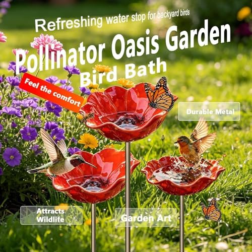 3 PCS Metal Bird Bath with Flower Garden Stakes for Outdoor Yard Patio - Image 3