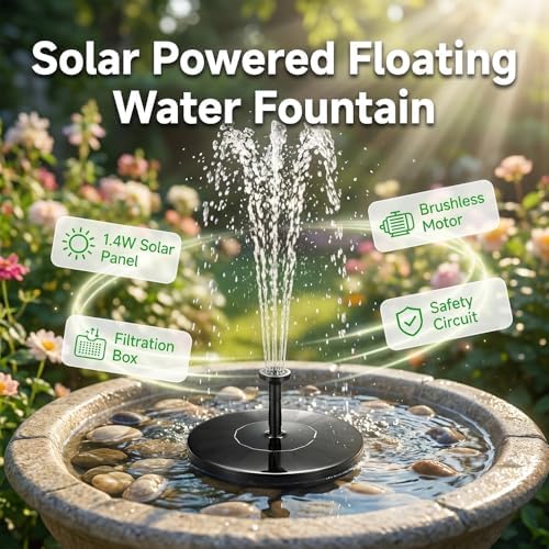 Solar Bird Bath Fountains, 2026 Upgrade 1.4W Solar Fountain Pump with 6 Nozzles, Free Standing Floating Solar Powered Water Fountain Pump for Bird Bath, Garden, Pond, Water Feature Outdoor (2, 6.3in) - Image 2