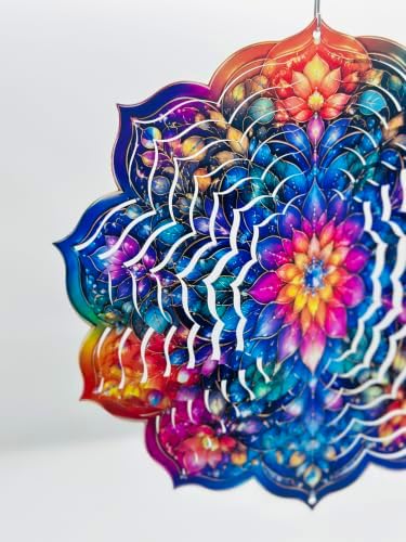 Shwing 12 Inch Wind Spinner Hanging Wind Sculptures Colorful Floral Metal Decor Double Sided Outdoor Kinetic Garden Art 3D Wind Spinner Hanging Ornament for Patio Porch Balcony Backyard Tree Decor - Image 7