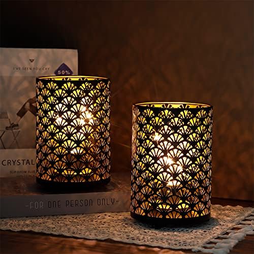 TRIROCKS Set of 12 Table Lamp 6.5'' Tall Metal Cordless Table Lamp Bronze Lanterns with Warm Fairy Lights Bulb for Patio Garden Wedding Parties Indoor Outdoor(Scalloped Hollow Pattern) - Image 7