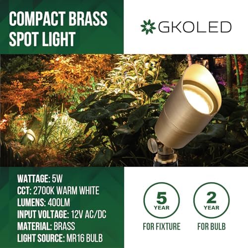 GKOLED Solid Brass Low Voltage Compact Spotlight, 12V AC/DC Waterproof Outdoor Landscape Spot Lights for House Trees Garden Yard Lawn, Up Light with 5W 2700K MR16 Bulb, Stake Included, 12 Pack - Image 2
