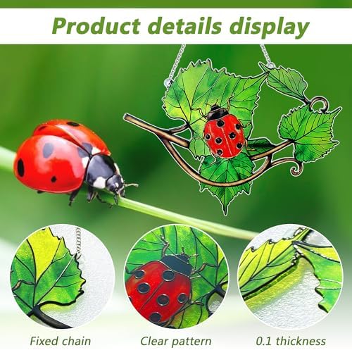 Plant Suncatcher Glass, Stained Glass Suncatcher Plant Window Hanging, Unique Nature Lover Gifts Leaf (Leaves & Ladybug) - Image 4