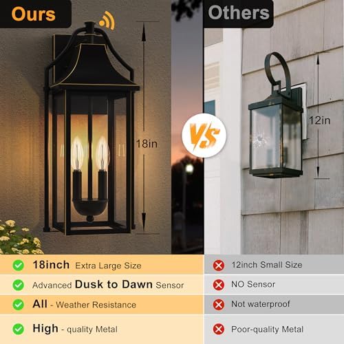 18IN Dusk to Dawn Outdoor Wall Sconce, 2-E12 Base Porch Light - Image 4