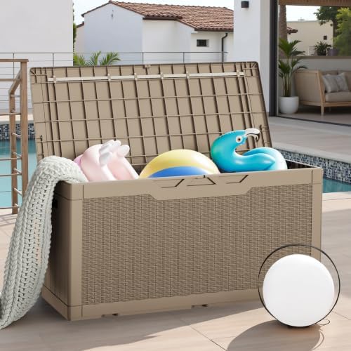 JUMMICO 100 Gallon Resin Deck Box, Waterproof Outdoor Storage Box with Lockable Lid for Garden Tools, Patio Cushions (Light Brown) - Image 7