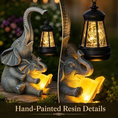 Candieslife Solar Elephant Garden Statue with Lantern, Outdoor Resin Elephant Figurine Lights for Yard Patio Porch Lawn, Weather-Resistant Garden Decor Sculpture, Gifts for Mom Women Grandma - Image 4