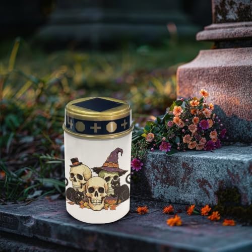 Poceacles Solar Lights Outdoor Grave Candle for Cemetery Decoration Solar Outdoor Lights for Garden Lawn Backyard Pathway Decor, Skull Black Cat Leaf Print, Pack of 2 - Image 3