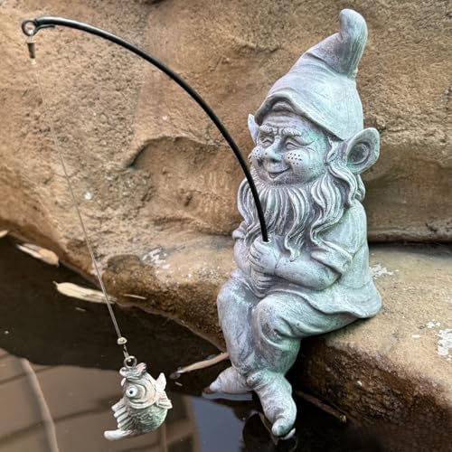 Garden Gnome Pond Statue Decoration, Fishing Gnome Garden Statue Outdoor Koi Pond or Waterfall Decor, 9.7" Stone Gnome Fishing Poolside Statue, Elf Pond Statue, Great Gifts & Housewarming for Mom - Image 2
