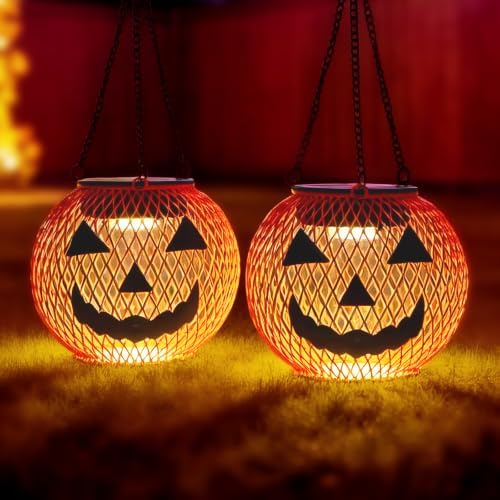 Outdoor Solar Pumpkin Lights, 2 Pack Warm White Halloween Lanterns by chatool