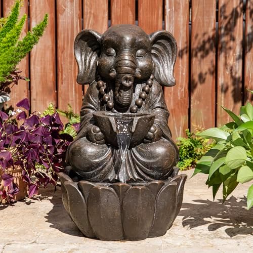 Glitzhome Outdoor Fountains, Water Fountains Outdoor with Lights&Pump, 21.75" H 2-Tiered Zen-Style Bronze Polyresin Elephant Garden Fountain Floor Standing Waterfall for Patio, Porch, or Yard Decor by Glitzhome