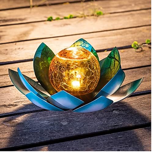Huaxu Solar Light Outdoor Garden Decor Blue Metal Crackle Globe Glass Waterproof LED Lotus Flower Table Lamp Decorations for Patio Yard Porch Pathway Ground by Huaxu