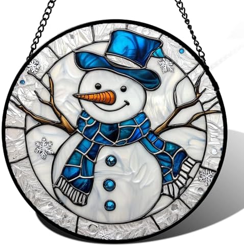 Blue Snowman Stained Glass Window Hanging Suncatcher Winter Gifts 12" by DASTOLL
