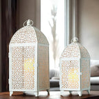 TRIROCKS Large Decorative Candle Lantern Set-16.5''&12'' High Metal Temple Moroccan Lantern Lamp for Home Decorations Living Rooms Gardens Parties Wedding Indoors and Outdoors - White with Gold Brush - Image 2