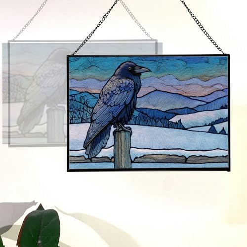 Raven Sitting on Frosted Fencepost Rectangular Stained Glass Suncatcher – Hanging Window Panel with Animal & Nature Scene – Vibrant Glass Art Gift for Wildlife, Fantasy, Nature Lovers p1akbz - Image 3