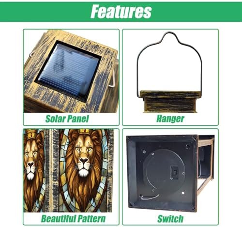 Solar Lantern Majestic Lion Golden Crown Stained Glass Style Wildlife Art Outdoor Waterproof Hanging Solar Light Outside Lights for Patio Yard House Lawn Decor Birthday Gifts for Women Mom - Image 3