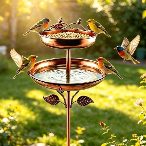 Bird Bath for Outside, 45In Vintage Freestanding Birdbaths for Outdoors, Double Metal Bird Bath Feeder Bowls for Garden Patio Yard Lawn Decor (Bronze) - Image 3