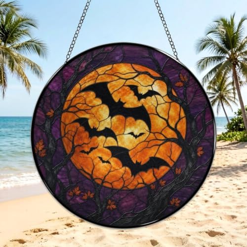 Full Moon Bats Halloween Stained Glass Suncatcher 11.8" Colorful Window Hanging Ornament, Sun Catcher Decor for Bathroom Front Door Living Room Home Wall Garden - Image 3
