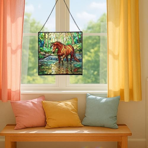 Chestnut Tennessee Walking Horse Stepping Through Shallow Creek Square Suncatcher – Stained Glass Style Window Panel with Scene, Custom Decorative Hanging Art for Equestrian Home, Christmas sxk4hZ - Image 4