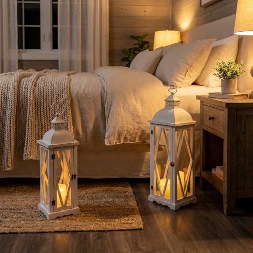 Perfnique Farmhouse Outdoor Lanterns for Patio, Set of 2 White Rustic Lanterns Decor, Vintage Hanging Candle Holder Decorative for Porch, Garden, Yard, Indoor (No Glass) - Image 6