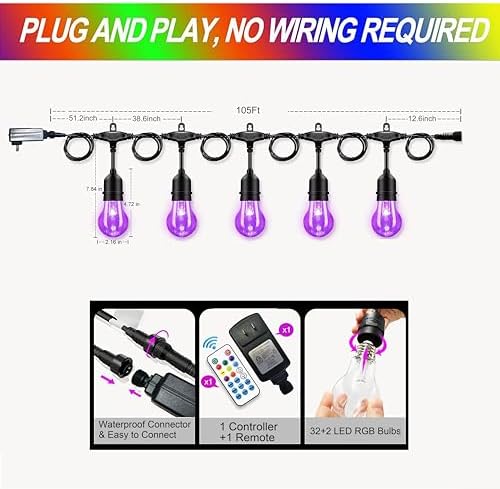 105FT Outdoor String Lights, 32 Shatterproof E26 Edison LED Bulbs, Dimmable RGB Color Changing Patio Lights Waterproof with Remote. for Backyard, Garden, Party, Bistro, Cafe - Image 2
