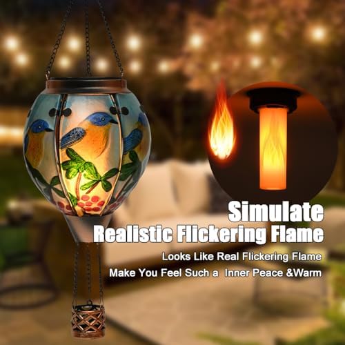Hot Air Balloon Solar Lantern - Bluebird Glass Lantern, Simulated Flickering & Dancing Flame, Outdoor Hanging Yard Light Waterproof IP65 for Patio Lawn Porch Decor Gift - Image 2