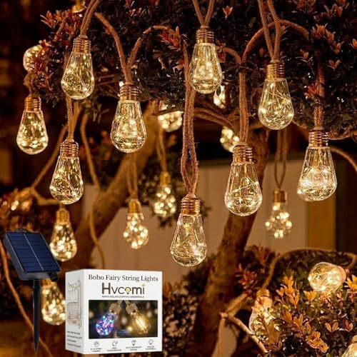 Boho Fairy String Lights Outdoor Backyard Solar String Lights LED for Garden Patio Porch Decor USB Waterproof Shatterproof Bulbs 8 Modes Edison Night Lamp Party Gift(17ft 20Lights,Warm Normal) by Hvcemi