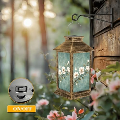 Solar Lantern Outdoor Waterproof Vintage Green Blue Leaf White Magnolia Floral Forest Flowers Branches Garden Decor LED Solar Lights Hanging/Tabletop Lamp Gifts for Women Mom for Outside Yard Patio - Image 5