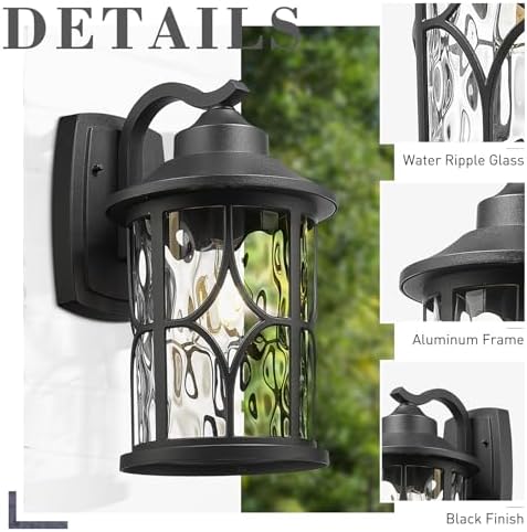 zeyu 14.6 Inch Outdoor Porch Light, Farmhouse 1-Light Outdoor Wall Sconce, Die-Cast Aluminum in Black Finish, Clear Water Ripple Glass, ZX48MB-WG BK - Image 4