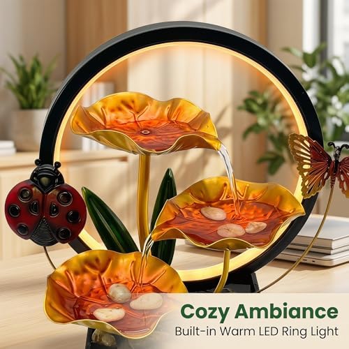 Tabletop Fountain,Indoor Water Fountain,Home Fengshui Décor Zen Relaxation Soothing Sound Machine for Office,Living Room,or Bedroom,Gold Lotus,Ladybird & Butterfly,10.2inch - Image 3