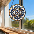 Stained Glass Window Hanging Blue Brown Boho Floral Pattern Large 11.8" - Flower Suncatcher Door Garden Sun Catcher Decor Birthday Christmas for Mom Woman Nana Friend Men - Image 3