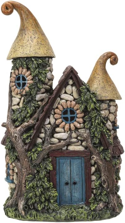 Pacific Giftware Fairy Garden House Decoration Statue with LED Lights Enchanted Stone Cottage with Blue Door and Twin Spires Hand-Painted Polyresin Fantasy Home Decor 10.24" H by PacificGiftware