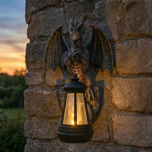 Solar Powered Dragon Statue Outdooe Garden Statues Fence Decor, Copper Dragon Statues with Solar Lantern Patio, Lawn Decor, Gargoyle Statue Wall Tree Hugger Yard Decoration, Unique Gifts for Mom - Image 4