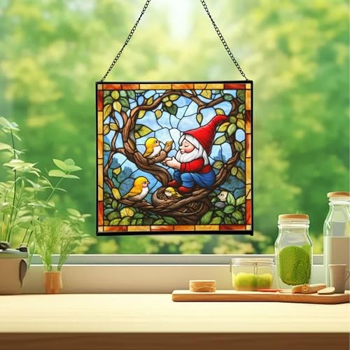 Gnome with Baby Birds Stained Glass Suncatcher – Square Hanging Window Panel for Home, Garden, Nursery, Halloween, Christmas, Memorial Day – Whimsical Glass Art Gift for Gnome Lovers n0kdzi - Image 2
