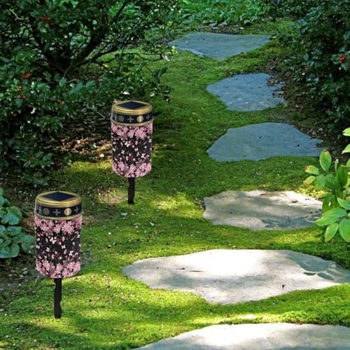 Poceacles Flameless Candle Solar Powered Grave Outdoor Solar Lights Cemetery Candle Lights Fake LED Pillar Candles Outdoor Waterproof Decorative, Peach Blossom Butterfly, Pack of 6 - Image 4