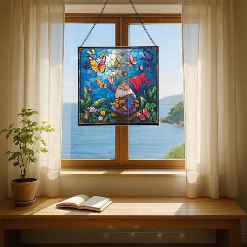 Gnome with Butterfly Friends Stained Glass Suncatcher – Square Hanging Window Panel for Home or Greenhouse – Whimsical Glass Art Gift for Garden Lovers, Christmas, Halloween, Father Days uDX7Wi - Image 6