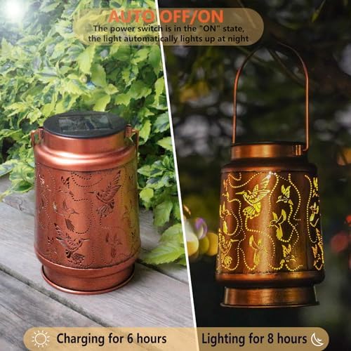 2 Pack Solar Hummingbird Lanterns Outdoor Hanging Decor Lantern,Waterproof Hollow Out Metal Decorative Garden Light,Graceful Decoration for Patio,Yard,Landscape,Walkway,Festival - Image 5