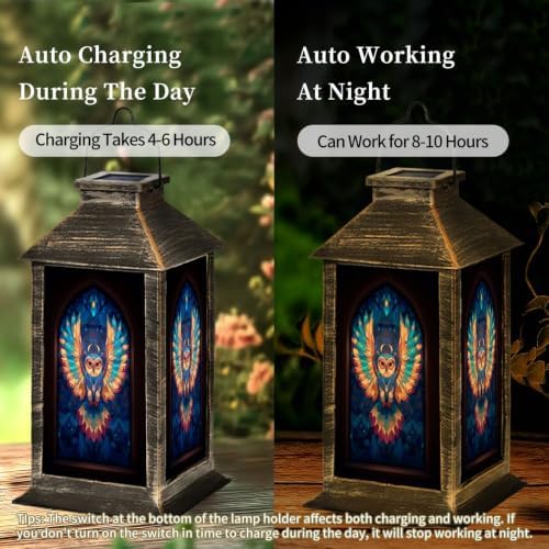 Solar Lantern Retro Stained Glass Owl Outdoor Waterproof Garden Hanging Lantern Solar Powered Lighting Outside Solar Light for Patio Yard Camping, Gifts for Women Mom - Image 4