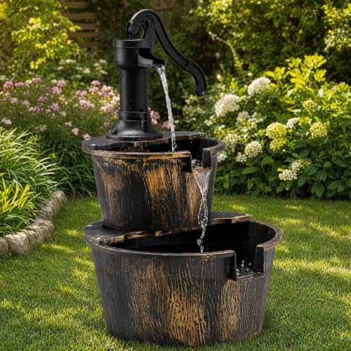 Giantex Water Fountain Outdoor, 2-Tier Barrel Cascading Waterfall Fountain with Electric Pump for Garden Patio Deck Backyard Decor, Rustic Freestanding Water Feature - Image 3