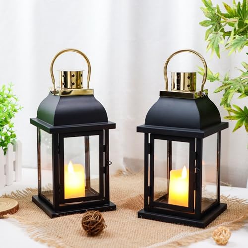 Set of 2 Decorative Candle Lantern 10'' High Black Hanging Candle Holder Metal Vintage Lantern Decor with Tempered Glass for Indoor Outdoor Home Table Patio Wedding - Image 5
