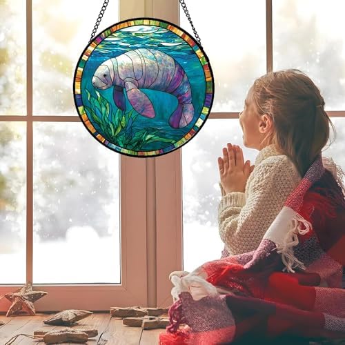 Ocean Manatee Seagrass Stained Glass Window Hanging Suncatcher Gifts 12" - Image 5