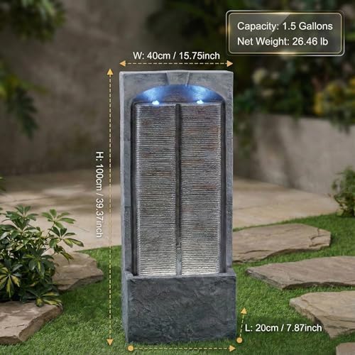 39" Modern Outdoor Water Fountain with LED Lights, Freestanding Waterfall - Image 7