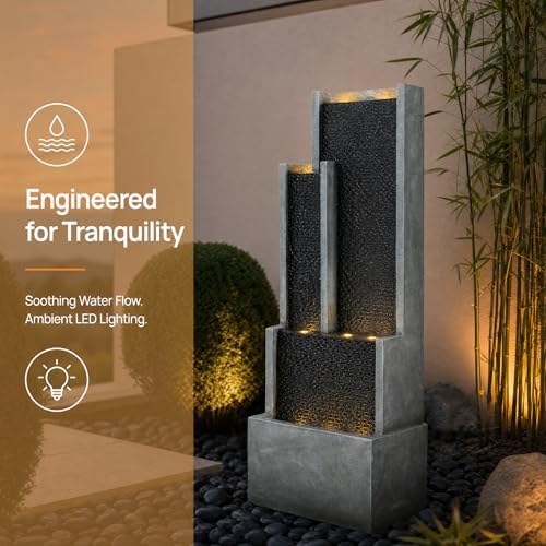 Large Outdoor Water Fountain with LED Lights, 70.87" Modern Freestanding Resin Waterfall Feature, Ribbed Panel Garden Fountain for Patio, Backyard, Porch, Deck - Image 6