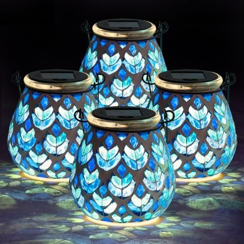 Stargarden 4 Pack Mosaic Solar Lanterns, Blue Glass Hanging Lantern by Stargarden