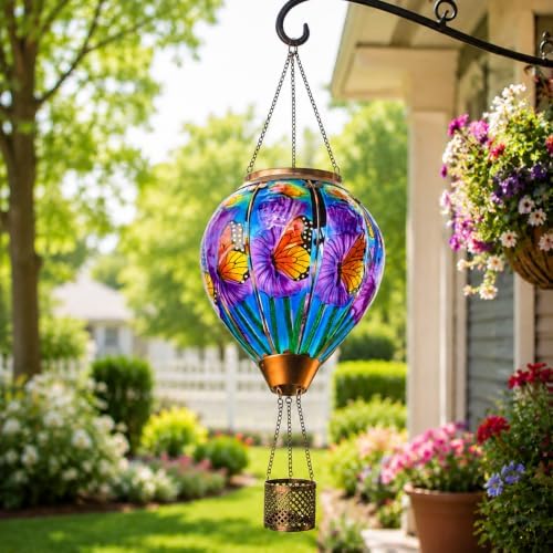 Butterfly Solar Hot Air Balloon Lantern, Glass Flickering Flame Light - Image 2