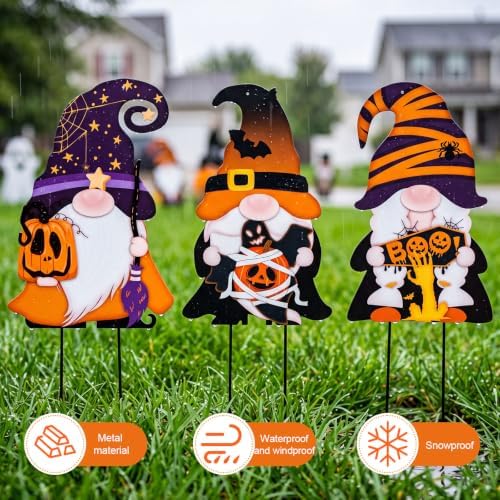 LEIFIDE 3 Pcs Halloween Metal Gnome Stakes, Spooky Garden Signs for Yard - Image 3