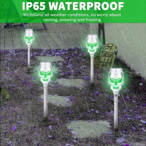 Tyenaza 4Pcs Solar Torch Skull Light, Green Flickering Flame IP65 Waterproof Solar Pathway Lights Outdoor Halloween Decorations - Image 7